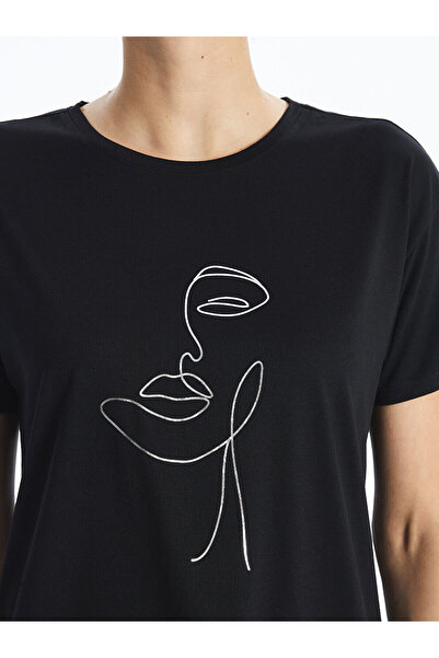 LC Waikiki Black Crew Neck Printed Short Sleeve Women's T-Shirt