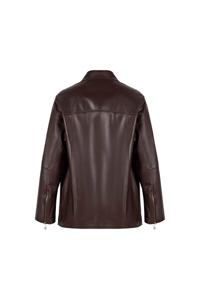 Desa Women's Brown Shirt Collar Leather Jacket