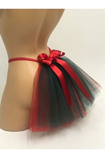 MadyaButik New Year, Christmas, Green Velvet Thong Model with Tulle Bow Detail on the Back