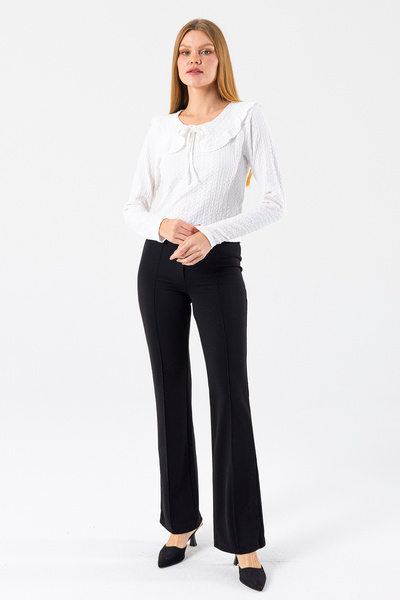 GİYSA Women's Collared Blouse with Tie Detail and Textured Fabric White - 26116