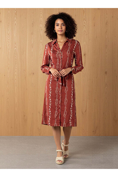 FAV Knee Length Shirt Belted Dress with Floral Embroidery
