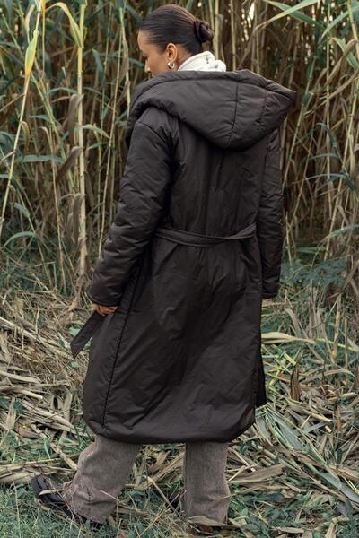 Olcay Hooded Snap Closure Fiber Long Coat Brown 6815