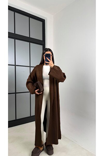 Gaus Kahve Oversize Maxi Boy Triko Hırka GAUS-00728