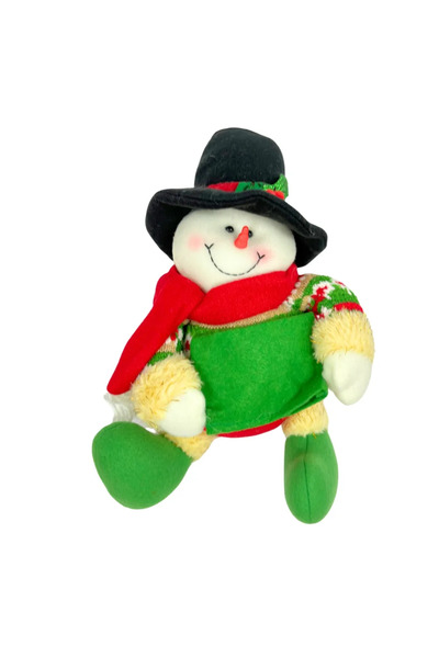 CADO Christmas Tabletop Decoration Soft Plush Seated Santa Snowman Doll With Black Hat- Green And Red
