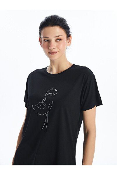 LC Waikiki Black Crew Neck Printed Short Sleeve Women's T-Shirt