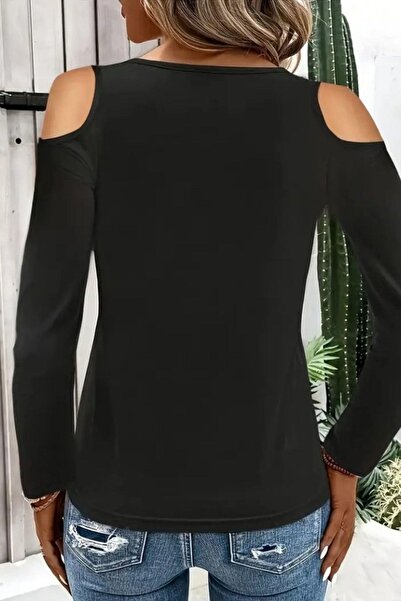 Mossta Viscose Blouse with Open Shoulder Ring Detail - Black
