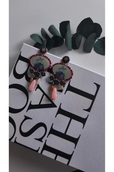 VOBEEYKU Charmlı Brand Model Earrings with Red Bead Edge