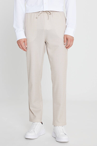 AC&Co / Altınyıldız Classics Ανδρικό μπεζ βαμβακερό παντελόνι με κανονική εφαρμογή και κορδόνι στη μέση με πλαϊνές τσέπες