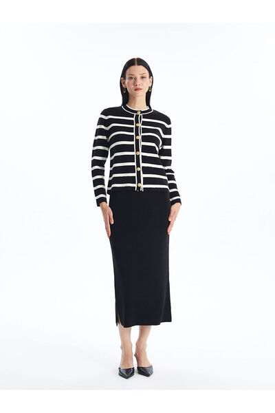 LC Waikiki Striped Crew Neck Long Sleeve Women's Knitwear Cardigan