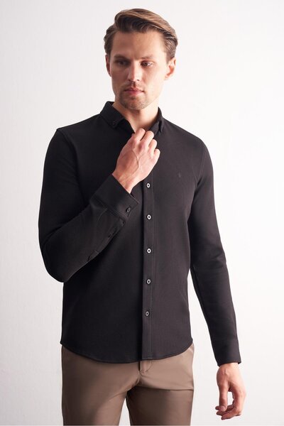İmza Black Long Sleeve Buttoned Collar Self Patterned Cotton Slim Fit Shirt 1004255267