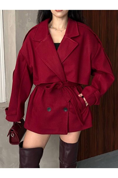 Ekim Store Kaşe Kruvaze Düğmeli Kuşaklı Trençkot