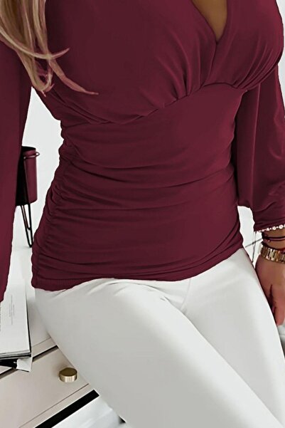 Mossta Deep V Neck Gathered Sandy Blouse - Burgundy