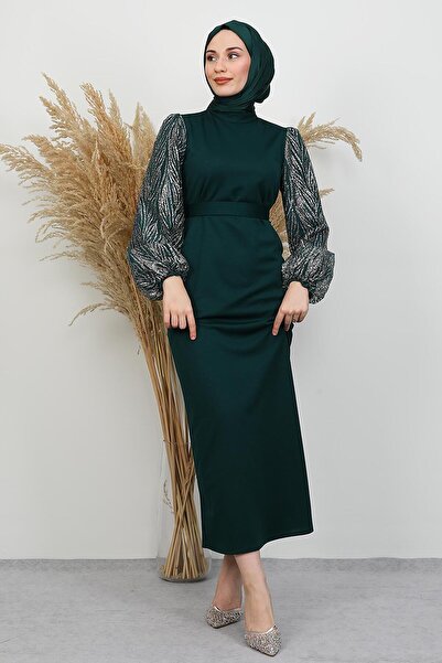 GİYZAMİLA Sleeve Detail Gülşah Dress Emerald
