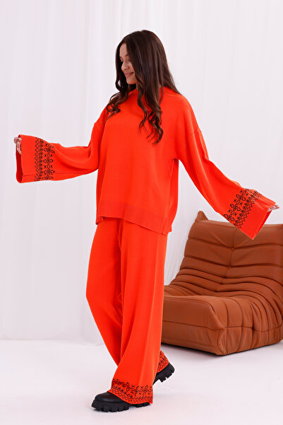 Knitoryx Women's Oversized Sleeves and Leg Patterned Knitwear Sweater Pants Set - High Waist Knitted Two-Piece Set