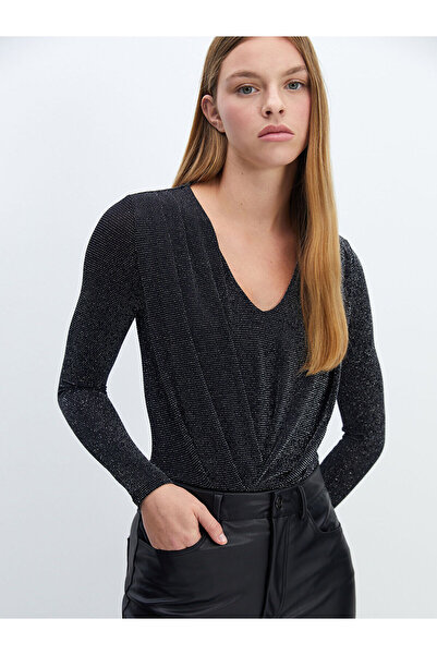 LC Waikiki Black V-Neck Shiny Look Women's Bodysuit