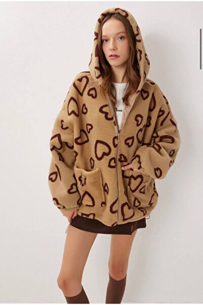 Veya Clothes Kadın Kapüşonlu Kalpli Oversize Peluş Mont