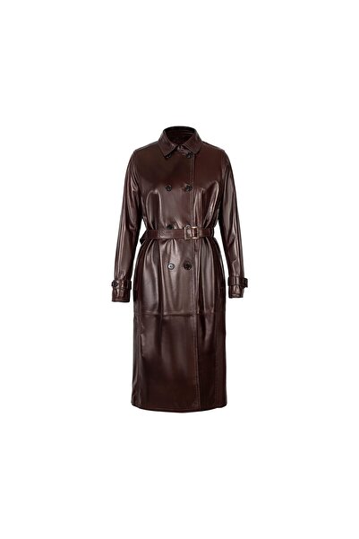 Desa Women's Burgundy Collared Leather Trench Coat
