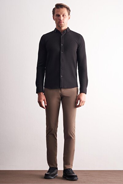 İmza Black Long Sleeve Buttoned Collar Self Patterned Cotton Slim Fit Shirt 1004255267