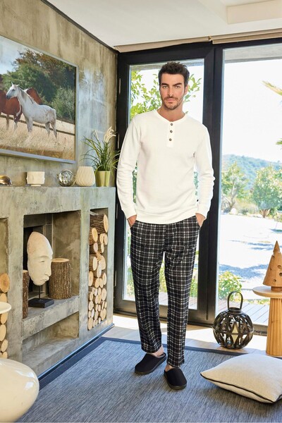 andredimoda Set de pijamale pentru bărbați din țesătură waffle albă cu mâneci...