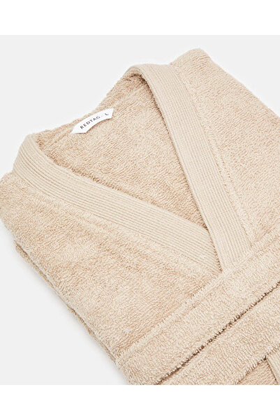 REDTAG Beige Essence Kimono Bathrobe With Ribbed Border