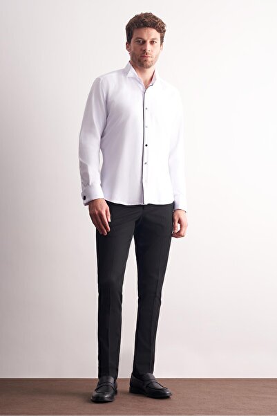 İmza Λευκό μακρυμάνικο πουκάμισο με λαιμόκοψη από απλό βαμβάκι εφαρμοστό 1004255215