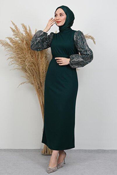 GİYZAMİLA Sleeve Detail Gülşah Dress Emerald