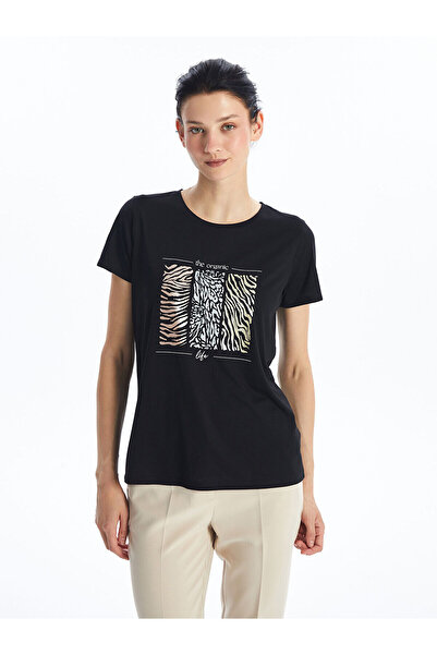 LC Waikiki Black Crew Neck Printed Short Sleeve Women's T-Shirt