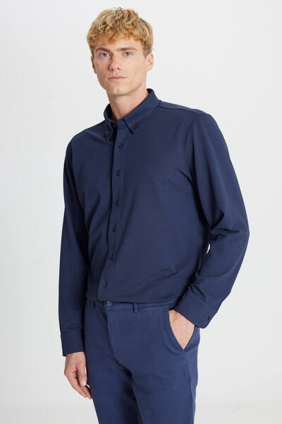 AC&Co / Altınyıldız Classics Men's Navy Blue Cotton Tailored Slim Fit Slim Fit Button down Collar Knitted Shirt