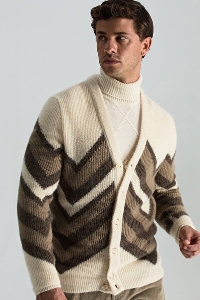 Hemington Alpaka Yün Kaşmir Karışım Zigzag Desen Bej Camel Düğmeli Hırka