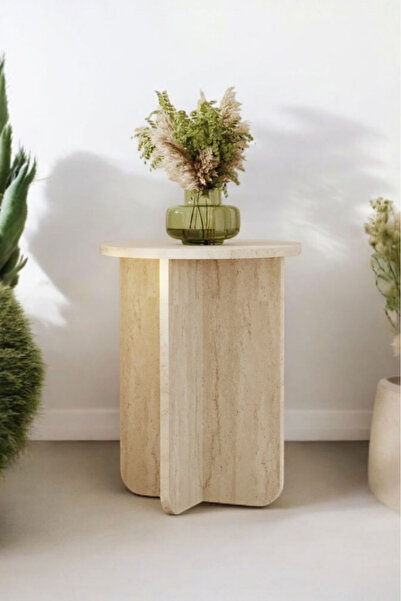 ehven Modern Dekor Yuvarlak Geometrik Traverten Orta Sehpa Yan Sehpa