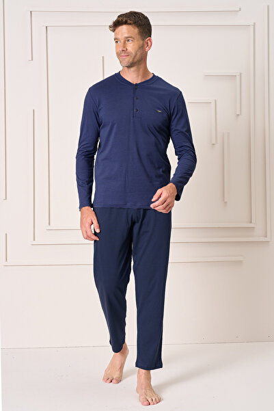 REMSA Men's Cotton Long Sleeve Pajama Set 4109 Navy Blue