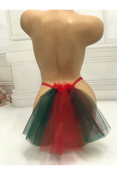 MadyaButik Christmas, New Year's Gift, Red Velvet Thong String Model with Tulle Feather Detail on the Back