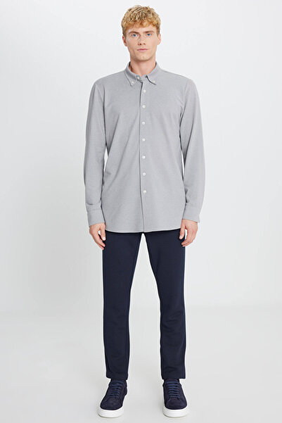 AC&Co / Altınyıldız Classics Men's Gray Cotton Tailored Slim Fit Slim Fit Button Collar Knitted Shirt