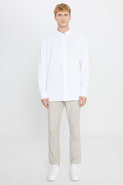 AC&Co / Altınyıldız Classics Ανδρικό πλεκτό πουκάμισο με γιακά με κουμπιά, λευκό βαμβακερό, εφαρμοστό