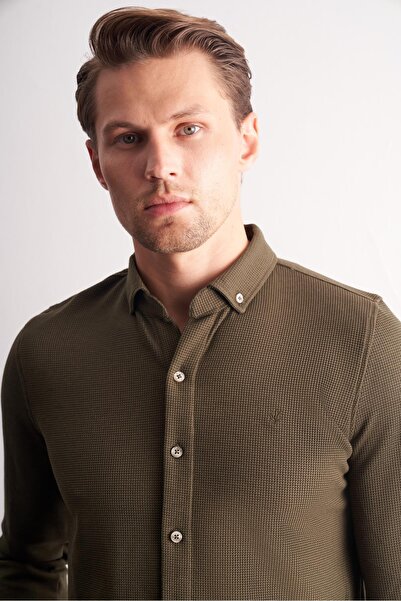 İmza Khaki Long Sleeve Button-Down Collar Self Patterned Cotton Slim Fit Shirt 1004255267