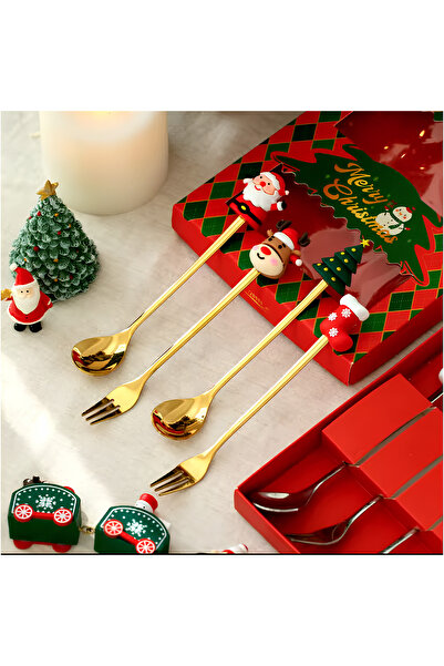 OricareFain Set of 4 Christmas-themed Cutlery, Stainless Steel, Gift Box, 15.8cm/18cm