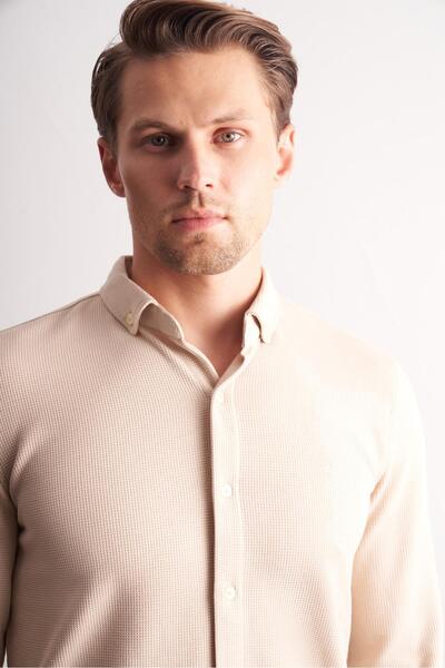 İmza Μπεζ μακρυμάνικο πουκάμισο με κουμπιά με γιακά από βαμβακερό σχέδιο εφαρμοστό 1004255267