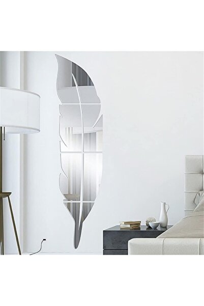 Slasa ملصقات حائط مرآة أكريليك ثلاثية الأبعاد على شكل ريشة فضية (120 × 30 سم)