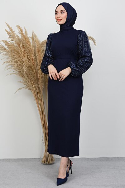 GİYZAMİLA Sleeve Pattern Eva Dress Navy Blue