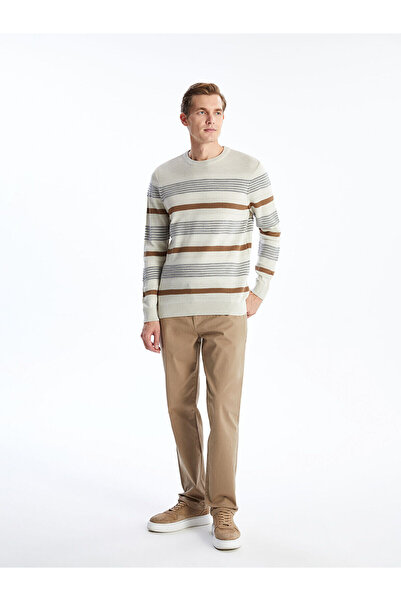 LC Waikiki Ανδρικό πλεκτό πουλόβερ με μακρυμάνικο ριγέ λαιμόκοψη LCWAIKIKI Classic Beige