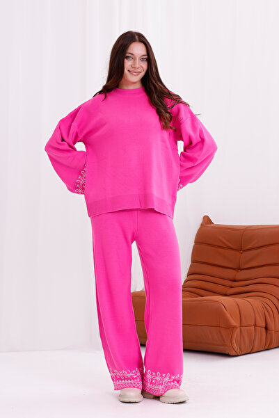 Knitoryx Women's Oversized Sleeves and Leg Patterned Knitwear Sweater Pants Set - High Waist Knitted Two-Piece Set