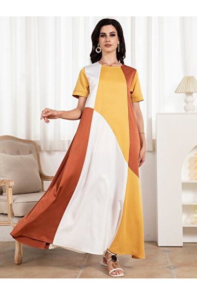 FridayIn Simplicity Round neck Color contrast Splicing pattern Pocket Regular sleeve Long Dresses