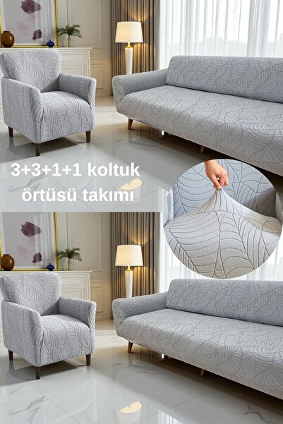 coverbox Jakarlı yaprak desen Lastikli Koltuk Örtüsü Takımı 3+3+1+1 Kaymaz Yı...