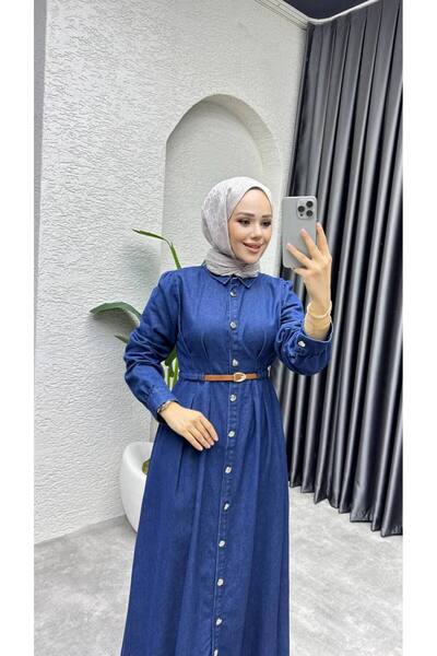 Weak Blue Classic Buttoned Denim Hijab Dress