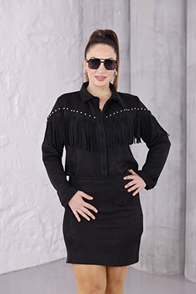 BRGCLOTHING Genuine Suede Button Detailed Mini Skirt