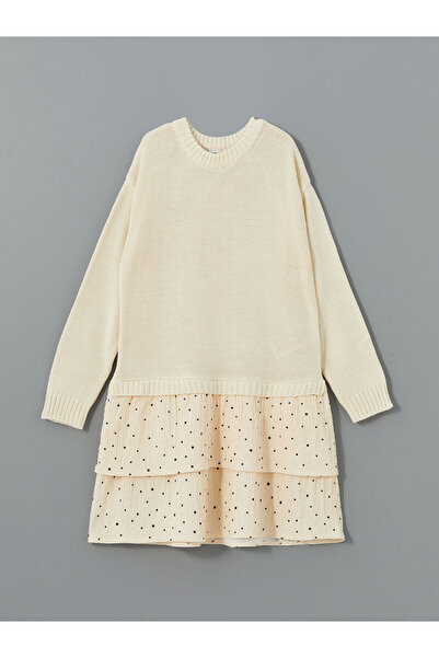 LC Waikiki Lcw Kids Ecru Crew Neck Girl's Knitwear Dress
