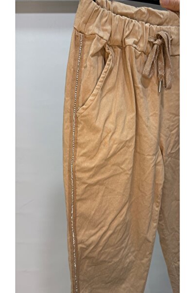 della moor Women's Camel Italian Pants with Stone Stripes on the Sides L Stretch Fabric