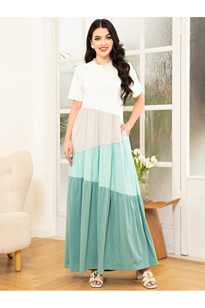 FridayIn فستان طويل برقبة دائرية حلوة وتباين الألوان ونمط الوصلات وجيب الوصلات وأكمام عادية