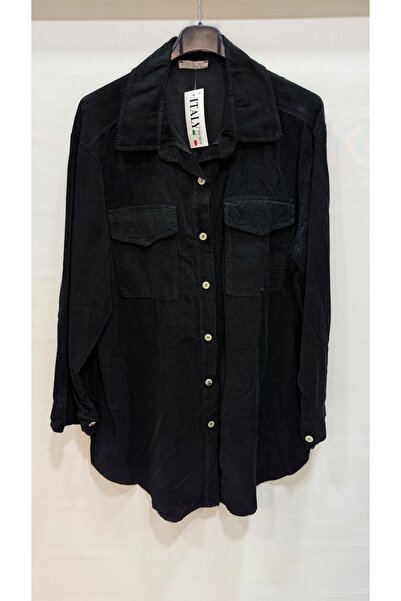 della moor Women's Black Italian Long Velvet O Oversized Shirt Tunic