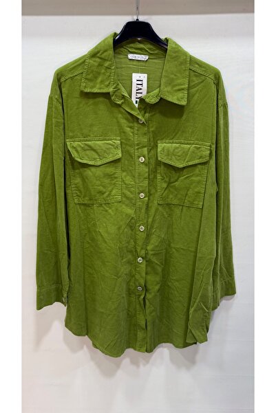 della moor Kadın Yeşil İtalyan Uzun Kadife Oversize Gömlek Tunik